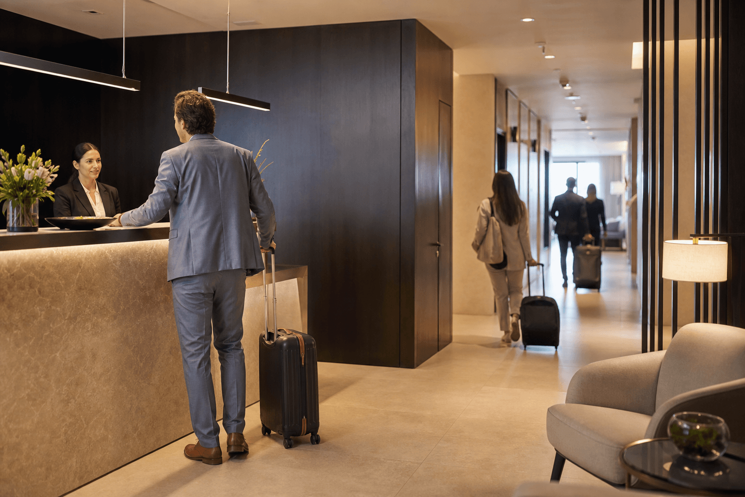 Event attendees checking into a contemporary hotel