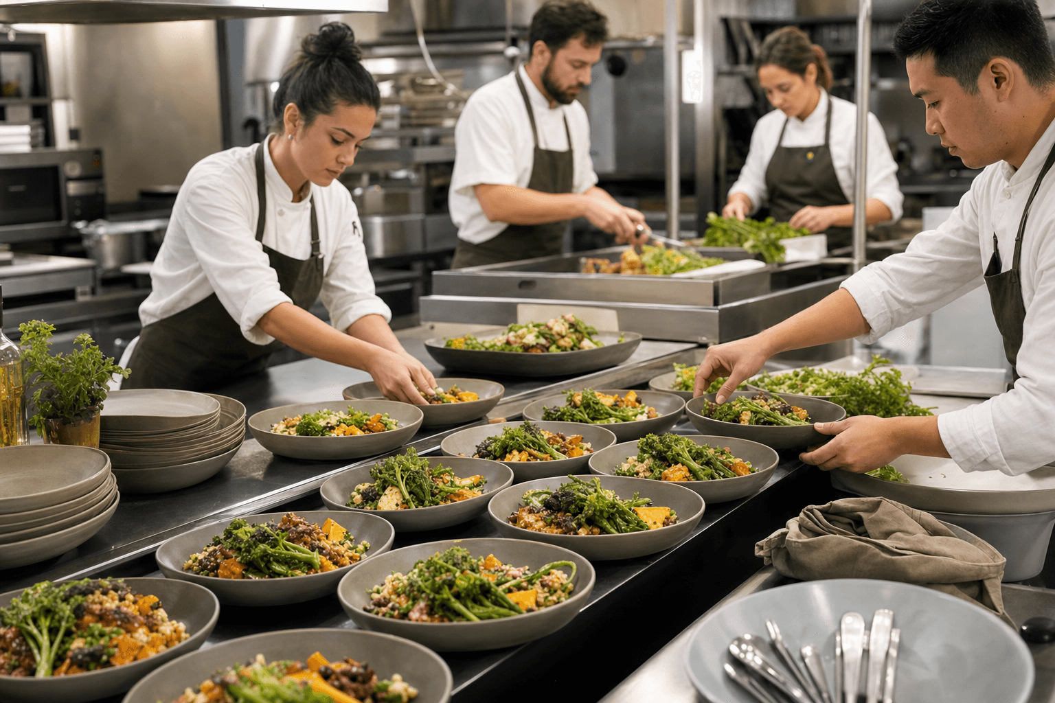 Event catering team preparing plant-forward meals in reusable serviceware