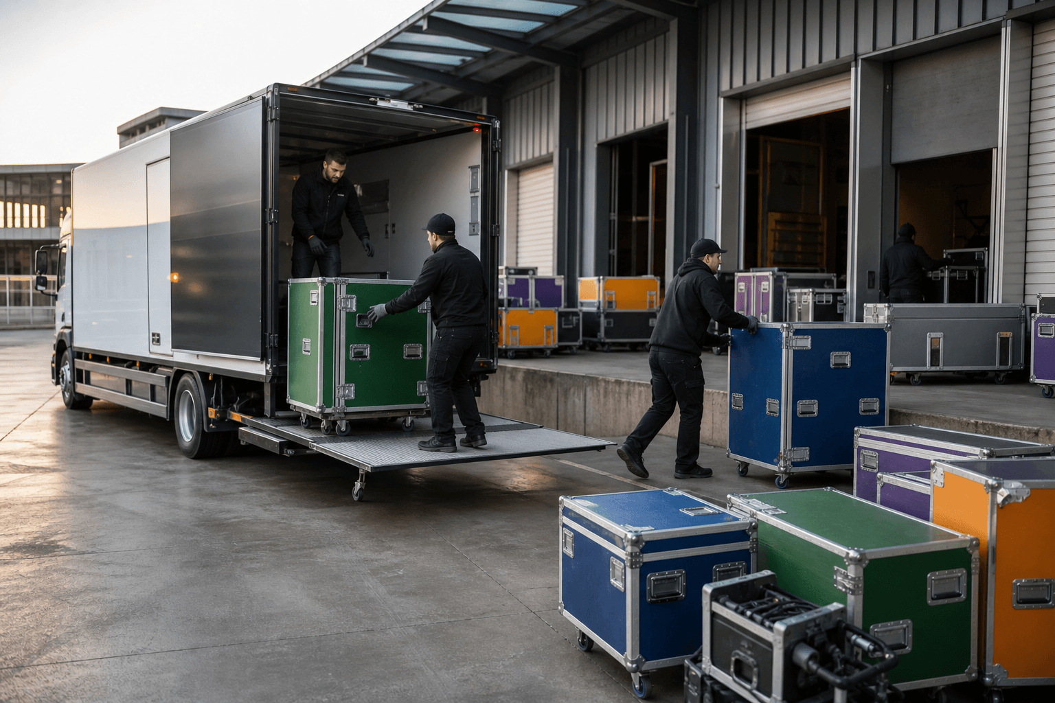 Production crew unloading reusable event equipment at a venue loading dock