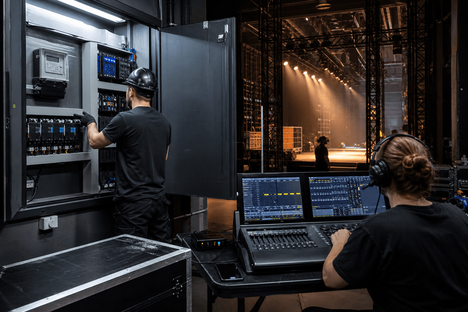 Technicians monitoring event venue power and stage-lighting systems