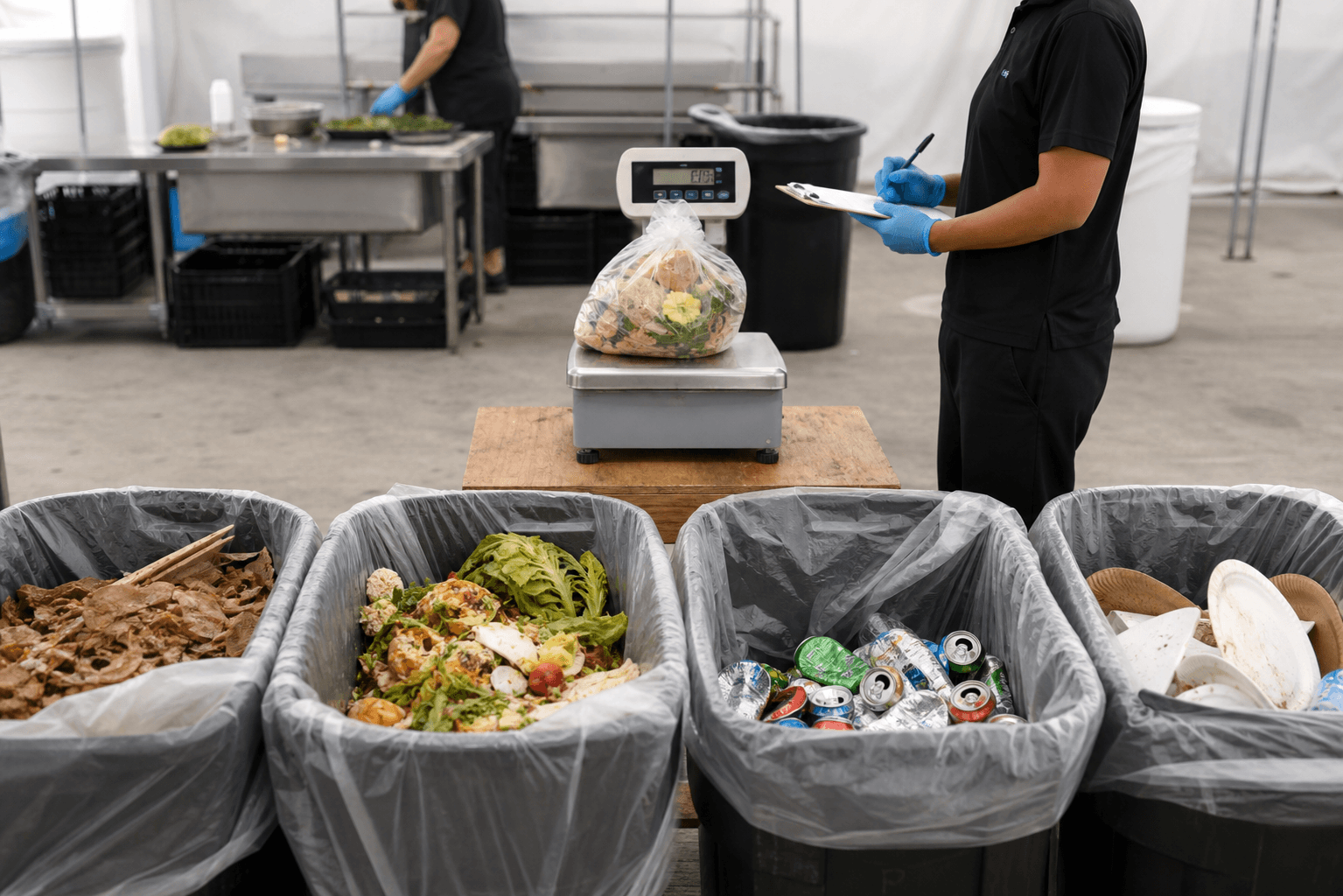 Event operations staff weighing and sorting separate waste streams